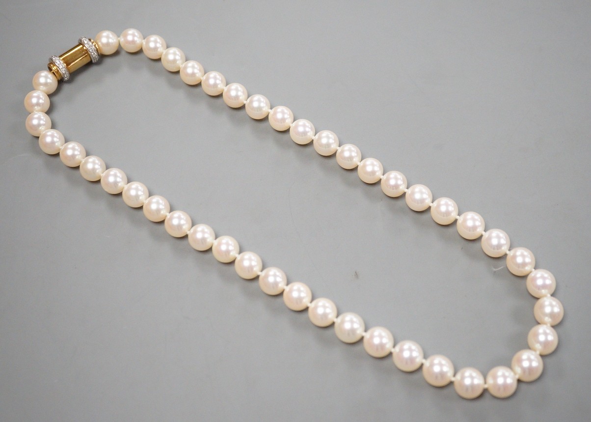 A cased modern single strand Akoya cultured pearl necklace, with diamond chip set 750 yellow metal barrel shaped clasp, retailed by Musson, 43cm, gross weight 59 grams